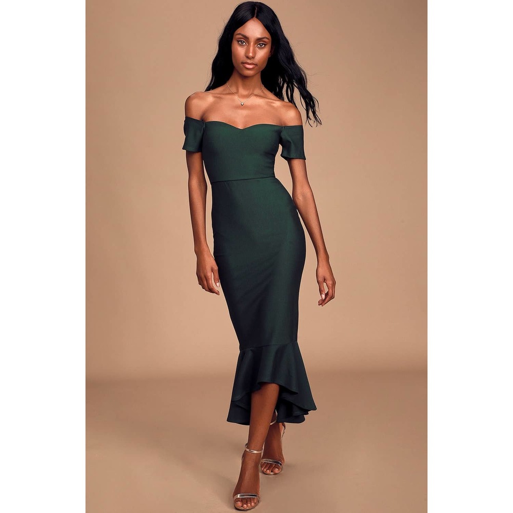 Lulus How Much I Care Dark Green Off-the-Shoulder Midi Dress
